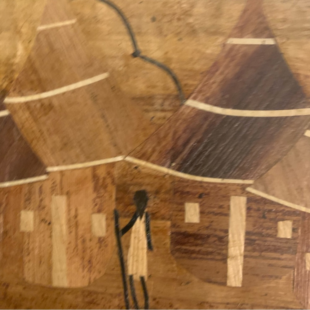 African Marquetry Rare Inlaid Wood Picture of Workers’ Hut w/Trees and Mountains - Picture 4 of 11